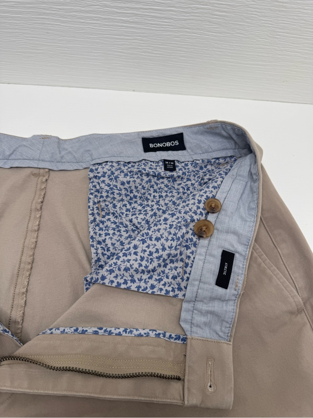 Bonobos Men's Chinos in Light Khaki with Blue Floral Lining